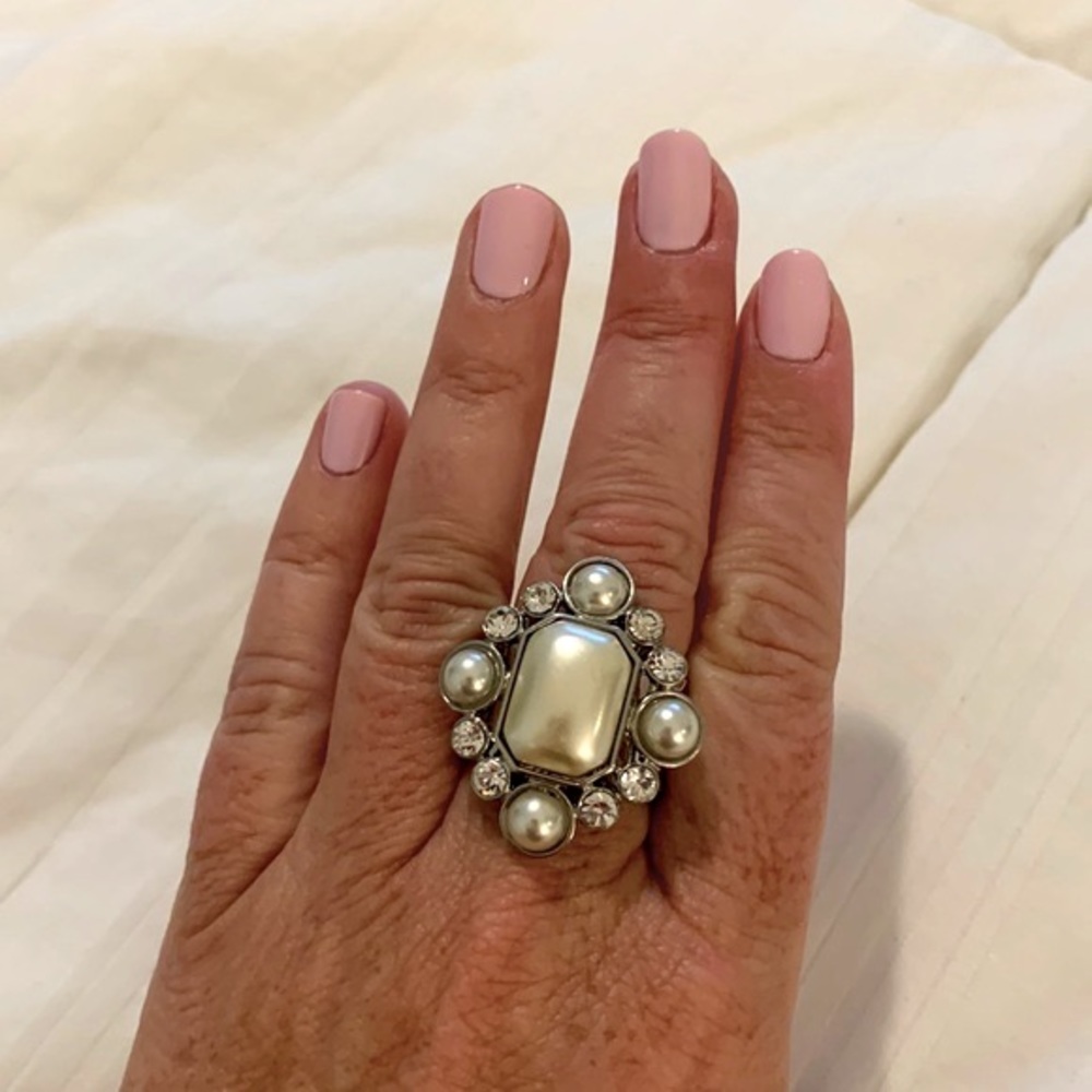 Fun costume jewelry ring with pearls and rhinestones